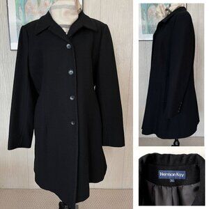 Herman Kay Ladies Wool Blend L Coat Single Breasted Topcoat Black 3/4 Length VG+